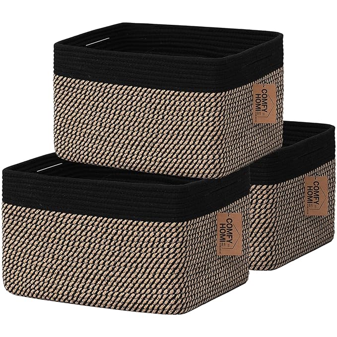 COMFY-HOMI 3PACK Cotton Rope Square Basket with Handles for Shelves|Dog Toy Bin and Storage|Baby Gift|Shoe Organizer|New 13.5" x 11" x 9.5" for Living Room (Black/Jute)-CubbioJoy