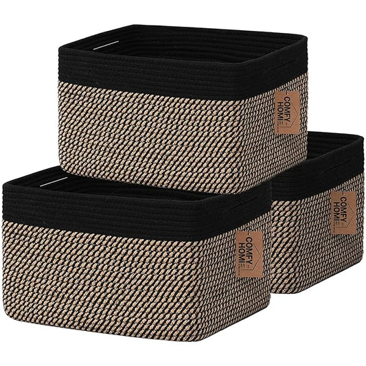 COMFY-HOMI 3PACK Cotton Rope Square Basket with Handles for Shelves|Dog Toy Bin and Storage|Baby Gift|Shoe Organizer|New 13.5" x 11" x 9.5" for Living Room (Black/Jute)-CubbioJoy