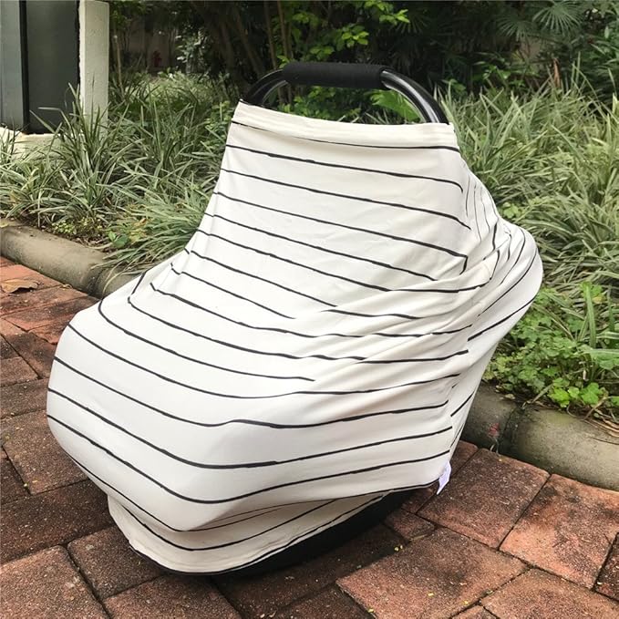 Car Seat Cover Baby – Multi-use Nursing Cover-Up for Breastfeeding, Carseat Canopy Cover, Stretchy Infant Stroller Covers for Boys and Girls (White with Black Stripes)-CubbioJoy