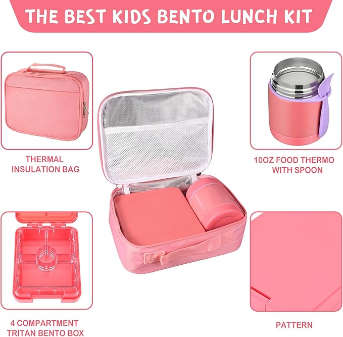 Bento Lunch Box Set With 10oz Soup Thermo, Leak-proof Lunch Containers with 4 Compartment, Kids Hot Thermo Food Jar/Insulation Lunch Bag, Food Containers for School（Solid）-CubbioJoy