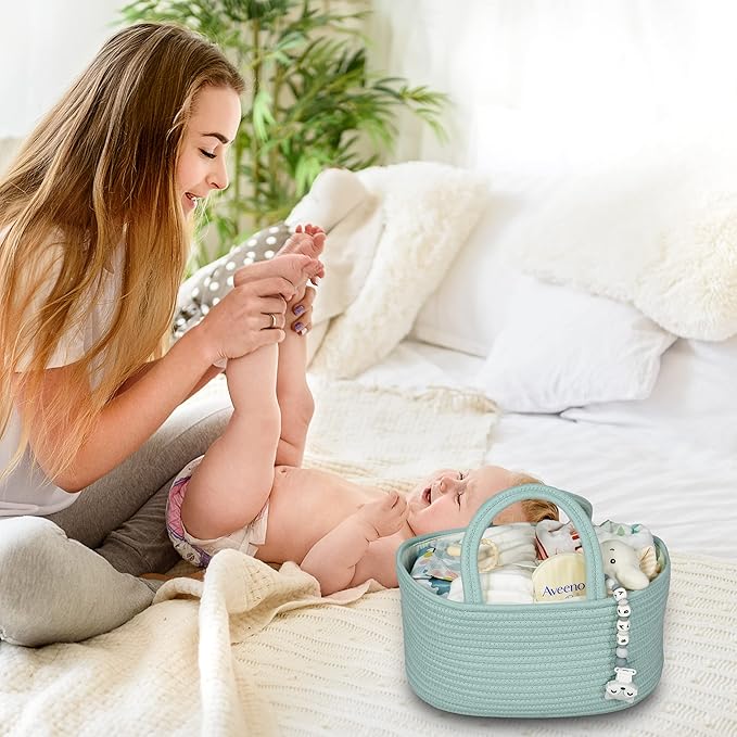Diaper Caddy Organizer for Baby Cotton Rope Nursery Storage Bin Basket Portable Holder Tote Bag for Changing Table Car Travel Baby Shower Gifts Newborn Essentials Registry Must Haves Light Green-CubbioJoy