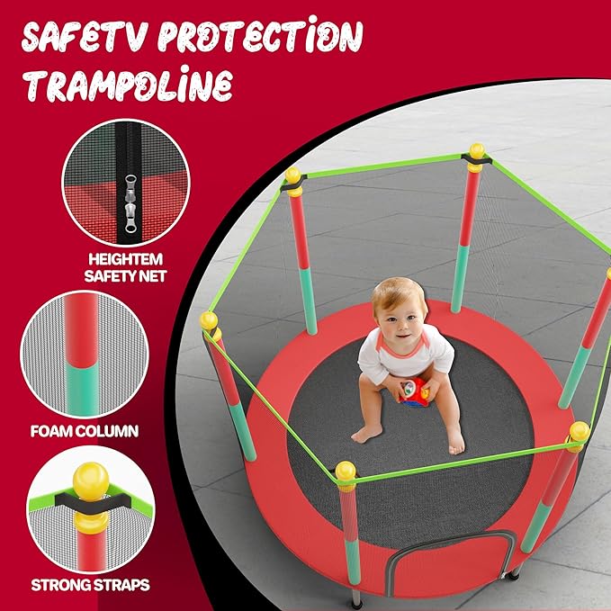 55IN Trampoline for Kids - Indoor/Outdoor Play with Enclosure Net - Easy to Assemble Recreational Trampoline - Red-CubbioJoy