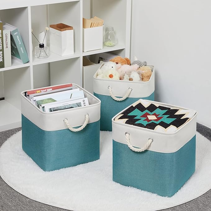 Bidtakay Fabric Baskets for Closets Shelves Lined Set of 3 Large Square Collapsible Storage Bins for Organizing 13 X 13 Cube Storage Bins for Pantry Organization Storage(Teal Blue)-CubbioJoy