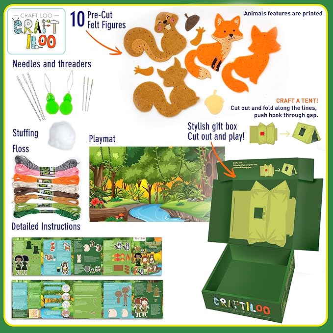 CRAFTILOO Woodland Sewing Kit for Kids, Fun and Educational Fairytale Craft Set for Boys and Girls Age 8-12, Sew Your Own Felt Forest Animal Craft Kit for Beginners-CubbioJoy