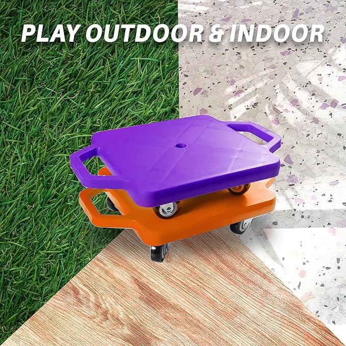 2 Plastic Scooter Boards with Handles for Kids Sitting and Sports Training, with 1 Ring, 2 Ropes and 4 Beanbags, Indoor and Outdoor Play-CubbioJoy