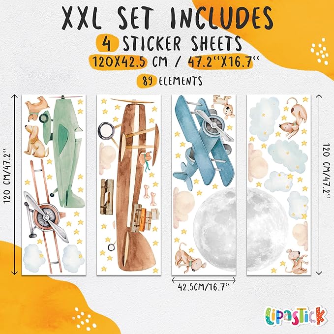 Airplane Wall Decals by Lipastick - 47-Piece Watercolor Vintage Plane Stickers for Kids, Boys Room, Baby Nursery, Toddler Bedroom Decor - Premium Vinyl Aircraft Art - XXL Size-CubbioJoy