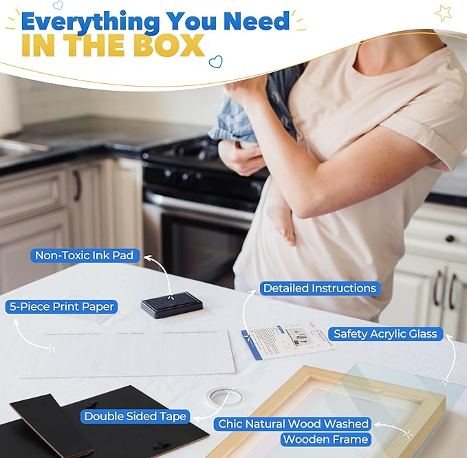 Bubzi Co Baby Handprint Kit & Footprint Photo Frame for Newborn Girls and Boys, Unique Baby Shower Gifts Set for Registry, Memorable Keepsake Decorations for Room Wall or Nursery Decor (Natural Wood)-CubbioJoy