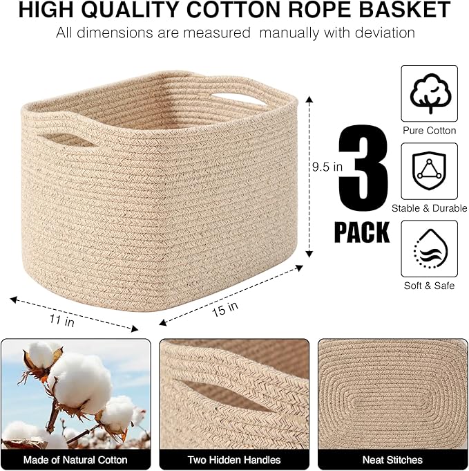 Decorative Storage Baskets for Organizing Shelves, Toy Basket for Nursery, Woven Cotton Rope Baskets for Decor, Towel Basket for Bathroom, 15"x11"x9.5", 3 Packs, Brown-CubbioJoy