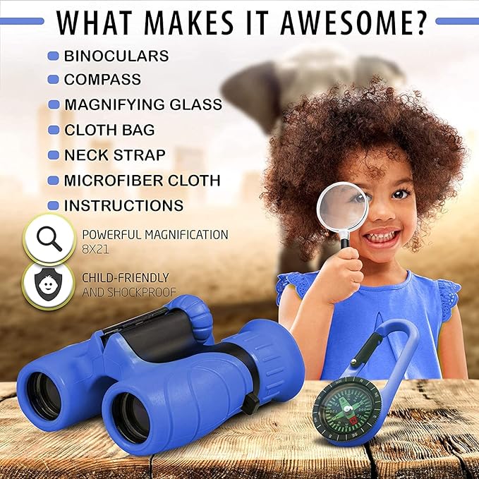 Binoculars for Kids for Toddler - for Little Boys and Girls – Extensive Set Incl. Magnifying Glass & Compass – Powerful Magnification 8X21 – 3 to 12 Year Old Kids-CubbioJoy