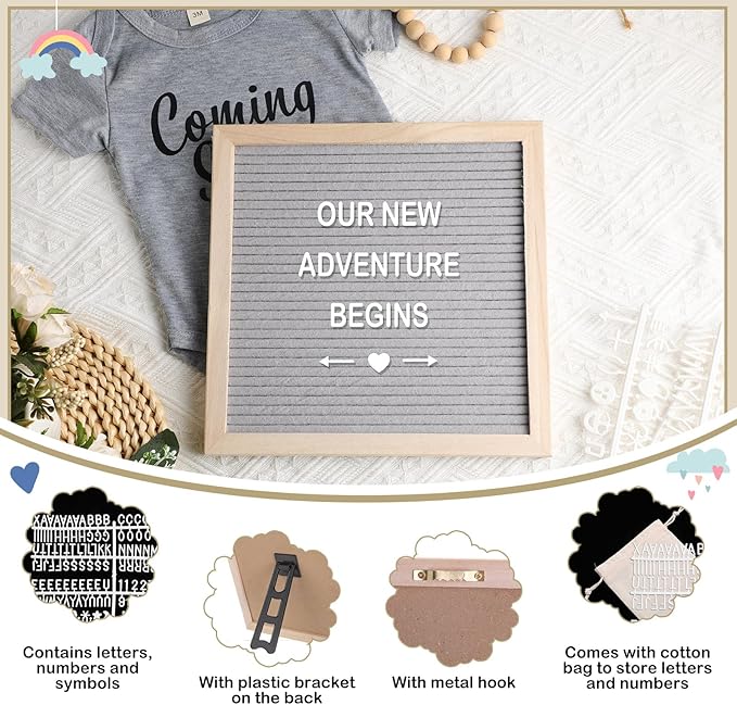 9 Pcs Pregnancy Announcement Set Pregnancy Reveal Ideas Felt Letter Board Baby Bodysuit Booties Photo Frame Bear Plush Wood Blocks for Coming Soon Baby Announcement(Gray)-CubbioJoy
