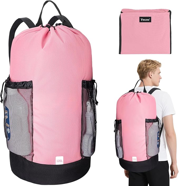BALEINE 120L Laundry Bag Backpack, 900D Oxford Fabric Large Travel Laundry Bags with Shoulder Straps and 2 Mesh Pockets for College Dorm, Apartment, Laundromat (Pink, 120L)-CubbioJoy