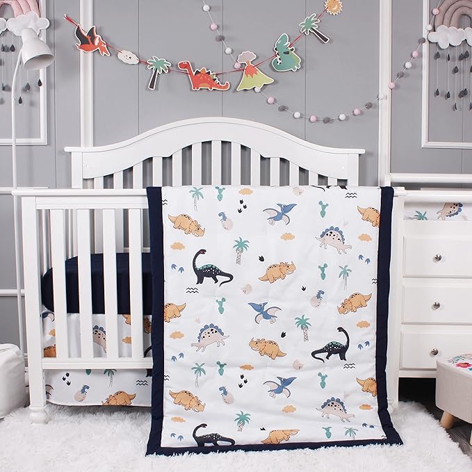 Belsden Dinosaur 3 Piece Crib Bedding Set for Baby Boys Girls, Classic Nursery Bedding Essential Including Comforter, Crib Sheet and Crib Skirt, Ultra Soft Cozy, Dino-CubbioJoy