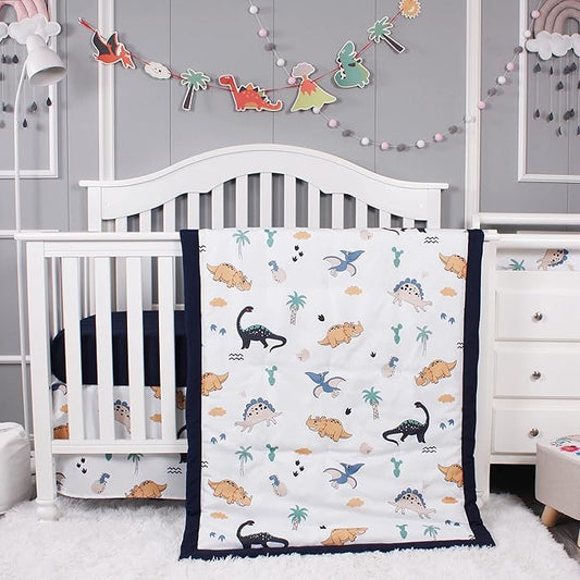 Belsden Dinosaur 3 Piece Crib Bedding Set for Baby Boys Girls, Classic Nursery Bedding Essential Including Comforter, Crib Sheet and Crib Skirt, Ultra Soft Cozy, Dino-CubbioJoy