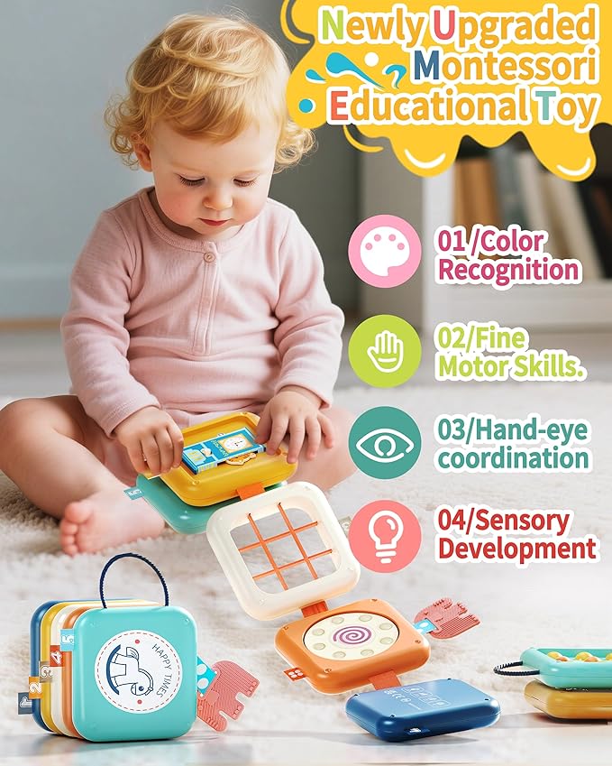 Busy Board for 1 Year Old, Travel Toys for Toddlers 1-3, 8 in 1 Montessori Activity Cube Toy for Babies in Airplane Car Stroller, Sensory Education Birthday Gifts for 1 2 Year Old Boy Girl Infant-CubbioJoy