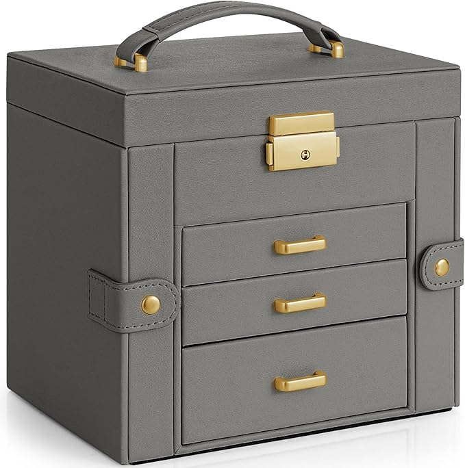 AKOZLIN 4-Tier Jewelry Box Leather Jewelry Storage Organizer with 3 Drawers Lockable for Women Girls Ring Necklace Earring Bracelet Holder with Mirror Dark Grey-CubbioJoy