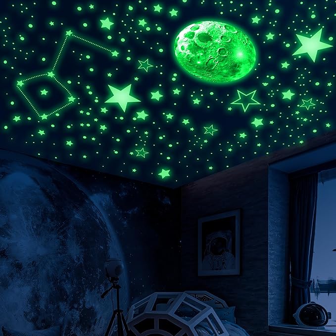 965 PCS Glow in The Dark Stars and Moon for Ceiling, Luminous Stars and Planet Wall Decals, Kids Room Decor, Glowing Galaxy Wall Stickers for Nursery Decorations (Green)-CubbioJoy