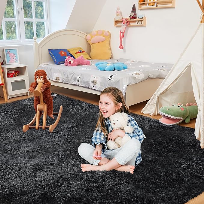 5X8 Ultra Soft Rug for Living Room, Fluffy Shag Area Rug for Bedroom, Modern Shaggy Carpets Fuzzy Rug for Teens Dorm Nursery Home Decor Aesthetic, Upgrade Anti-Skid Durable, Black-CubbioJoy