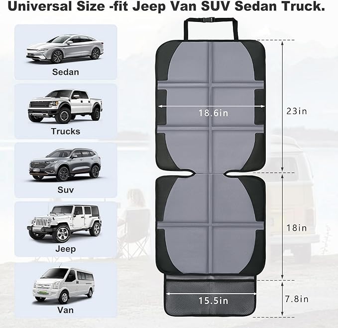 Car Seat Protector, 2 Pack Baby CarSeat Covers with Mesh Pockets & Non-Slip Backing 600D Durable Seat Protectors Under Car Seat for Baby(Gray, Large)-CubbioJoy