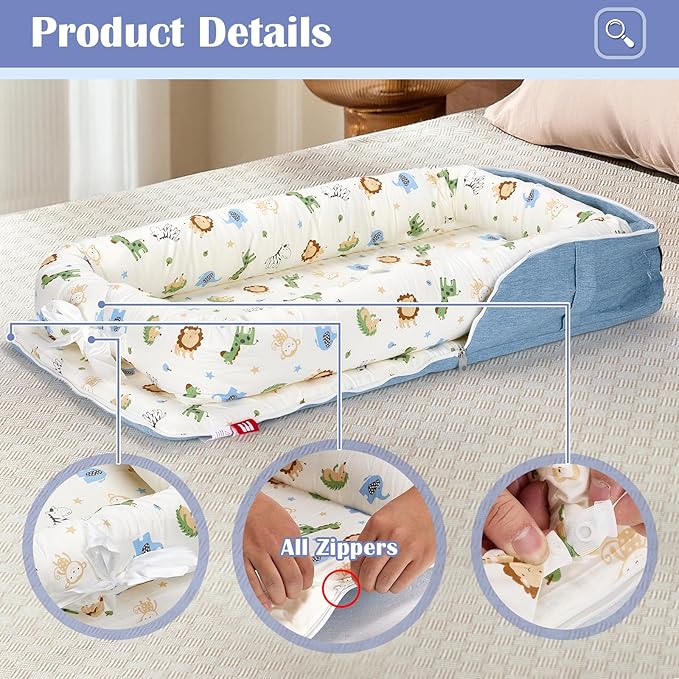 Baby Lounger for Newborn Portable Bag,Baby Nest Play Gym mat with Strap,Newborn Lounger Adjustable Size & Inner Zipper Lengthen Space to 24 Months,Animal World Blue-CubbioJoy