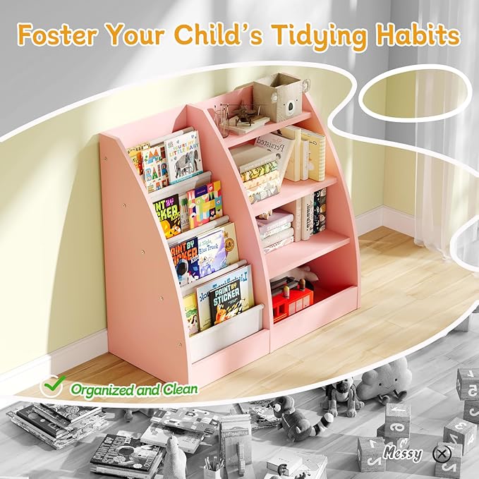 4 Tier Kids Bookshelf Set of 2,4 Layer Sling Kids Book Shelf for Kids Rooms,Wood Children Bookcase,Baby Storage Book Rack,Toddler Bookshelf, Book and Toy Organizer,Book Display Shelf for Nursery-CubbioJoy