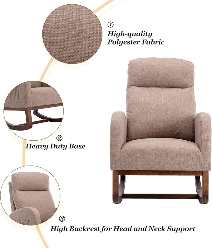 Dolonm Nursery Rocking Chair for Living Room, Upholstered Mid-Century Modern Nursery Rocking Armchair Tall Back Accent Glider Rocker, Camel-CubbioJoy