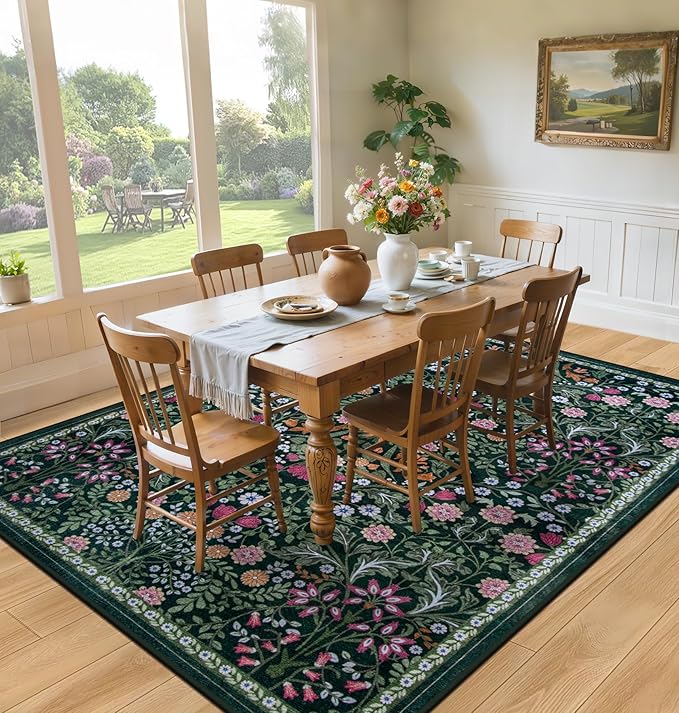 Area Rug Living Room Rugs: Floral 4x6 Washable Rug Vintage Soft Boho Non-Slip Carpet Indoor Floor Stain Resistant Large Carpets for Bedroom Dining Room Farmhouse Nursery Hallway Home Office Dark Green-CubbioJoy