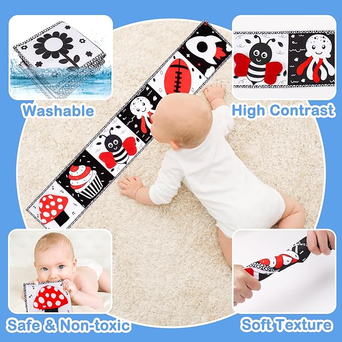 Black and White High Contrast Toys for Baby 0-3 3-6 Months Infant Tummy Time Soft Book Sensory Musical Toy 0-2-4-6 Month Babies Brain Development Montessori Crinkle Book Mirror Newborn Shower Gifts-CubbioJoy