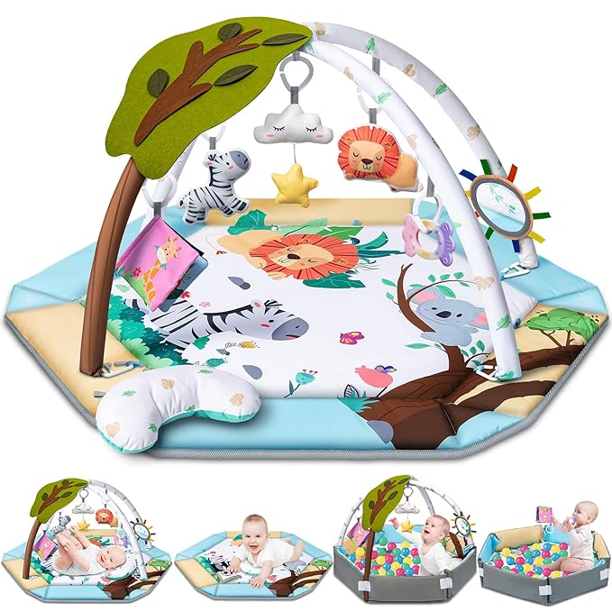 Baby Gym Play Mat, 8-in-1 Tummy Time Mat & Ball Pit with 6 Toys, Washable Baby Activity Play Mat for Visual, Hearing, Sensory, Motor Development, Baby Toys Gift for Toddler Infant 0-3-6-9-12 Month-CubbioJoy