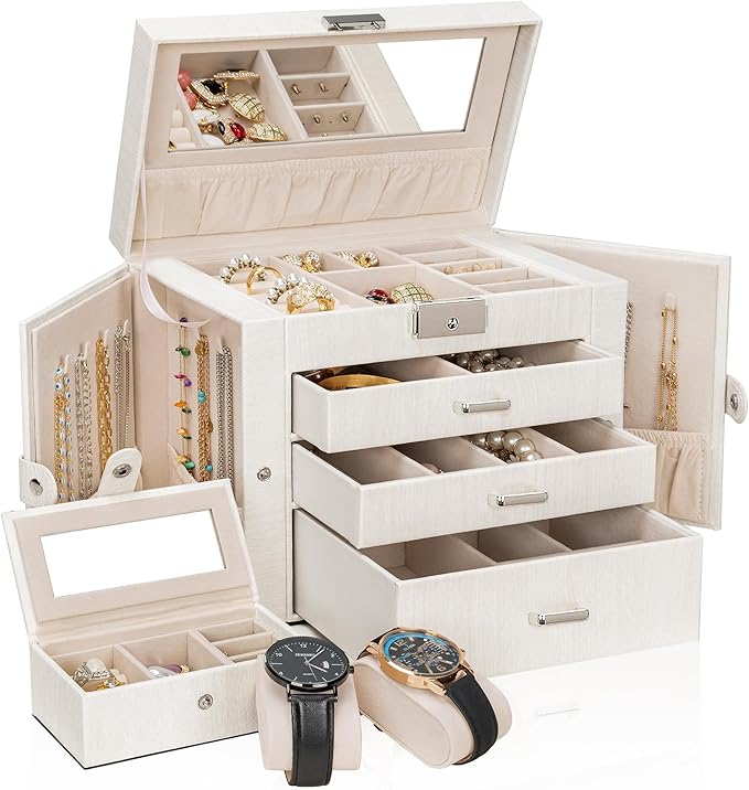 AKOZLIN 4-Tier Jewelry Box Lockable Leather Jewelry Storage Case Organizer with 3 Drawers for Women Girls Ring Necklace Earring Bracelet Watches Holder with Mirror-CubbioJoy