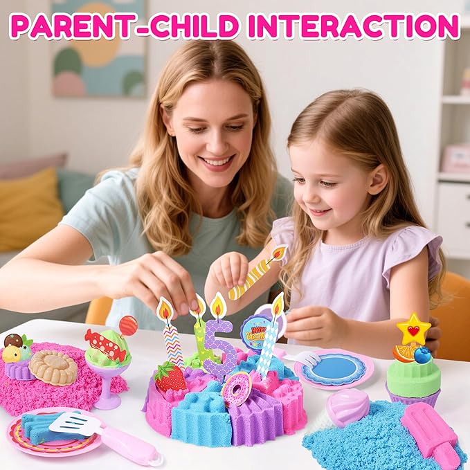 Cake & Ice Cream Sensory Bin Sand Toy, Sand Kit Sensory Toys w/lid and 4 Color Magic Sand 2.2lbs, Molds, Tools Set 43pcs Total for Toddlers, Fun Gift for Kids 3+-CubbioJoy