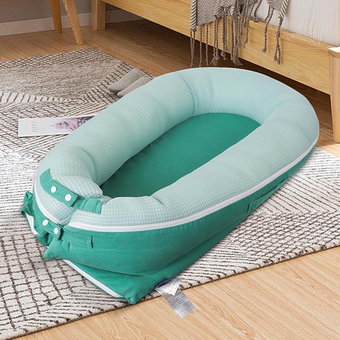 Baby Lounger, Deluxe Infant Lounger, Baby Nest Cover for Baby, Breathable Cotton, Adjustable Baby Floor Seat for Tummy Time, Newborn Essentials for Baby 0-12 Months (Greener)-CubbioJoy