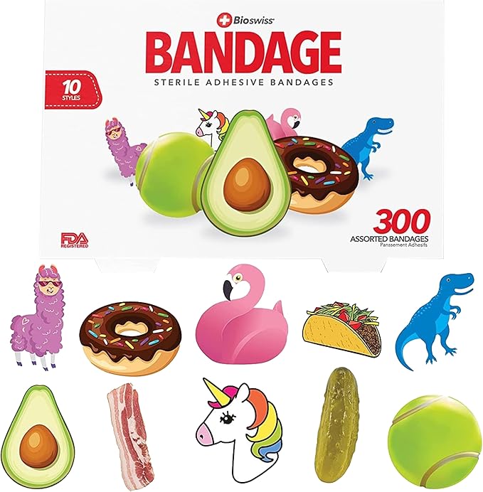 BioSwiss Bandages, Assorted Animal, Fun, and Food Shaped Self Adhesive Bandage, Latex Free Sterile Wound Care, 300 Count-CubbioJoy