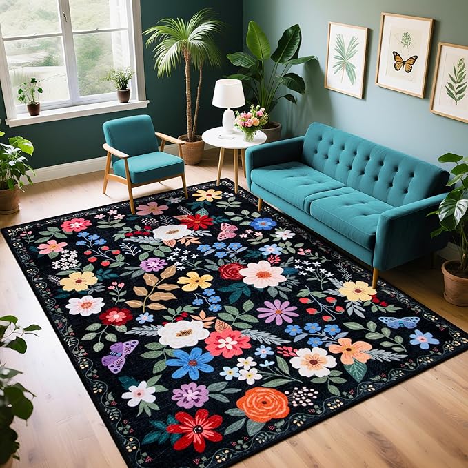 6x9 Area Rugs for Living Room: Floral Washable Rug Vintage Large Soft Boho Non-Slip Carpet Indoor Floor Stain Resistant Thin Carpets for Bedroom Dining Room Farmhouse Nursery Hallway Home Office Black-CubbioJoy
