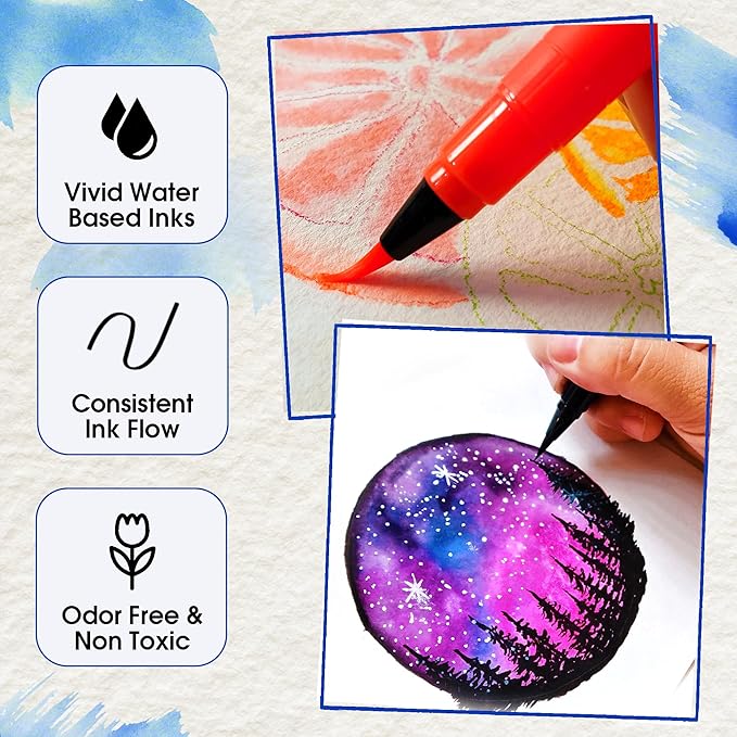Chalkola Watercolor Brush Pens for Lettering, Coloring, Calligraphy - Set of 28 Watercolor Pens, 15 Painting Pad & 2 Water Color Markers - Drawing Art Supplies for Kids, Adults, Professional Artist-CubbioJoy