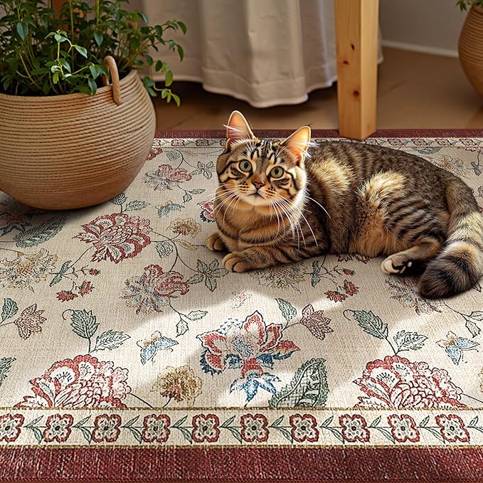 jinchan 3x5 Floral Rug for Entryway Washable Kitchen Rug Vintage Romance Design Small Mat Non Slip Indoor Doormat Lightweight Low-Profile Throw Carpet for Entrance Bathroom Laundry Room, Red/Beige-CubbioJoy