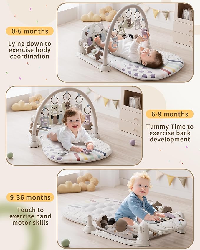Baby Gym with Kick and Play Piano, Baby Play Mat Tummy Time Activity Gym Mat with 5 Infant Sensory, Music & Lights Boy or Girl for Newborn 0 to 3 6 9 12 Months-CubbioJoy
