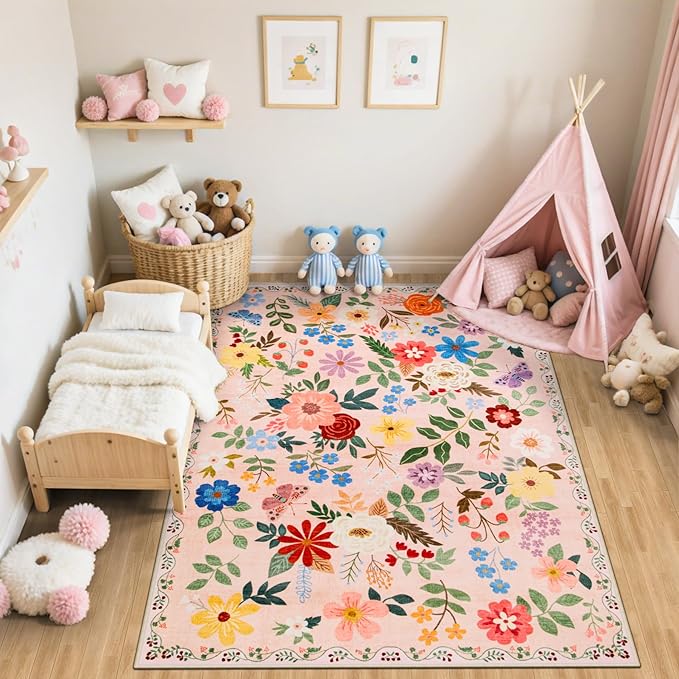 Area Rug Living Room Rugs: Floral 5x7 Washable Rug Vintage Soft Boho Non-Slip Carpet Indoor Floor Stain Resistant Large Carpets for Bedroom Dining Room Farmhouse Nursery Hallway Home Office Beige-CubbioJoy