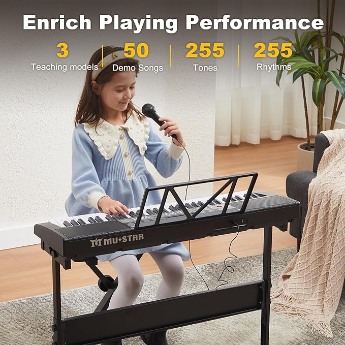 61 Key Piano Keyboard, Electric Keyboard Piano with Light-Up Keys, 255 Tones/Rhythms, Smart Learning System, Headphone, Microphone, Keyboard Stand, Stool, Stickers, Piano Keyboard Set for Beginners-CubbioJoy