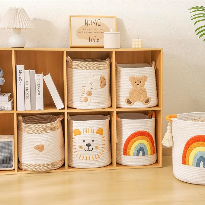 INough Toy Storage Baskets Woven Cotton Rope Storage Basket Kids Blanket Baskets for Living Room, Toys Organizer with Embroidery Colorful Rainbow Decor, Baby Basket for Laundry Nursery (Boho Rainbow)-CubbioJoy
