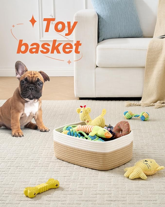 KALLAX Small Woven Basket, 13.5 x 9.5 x 5 Inches, Storage Basket for Organizing, Cute Small Rope Shelf Closet Cube Storage Bins Baskets for Shelves, Dog Toy Gift Baskets Empty, 3 Pack White & Brown-CubbioJoy