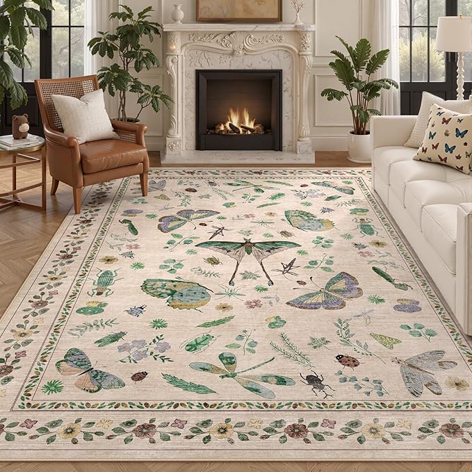 8x10 Area Rugs with Insect Print - Bug Rug Non-Shedding Stain Resistant Soft Carpet for Bedroom, Low Pile Ultra-Thin Machine Washable Carpet for Dining Room, Kids Nursery, Office (8'x10' Beige)-CubbioJoy