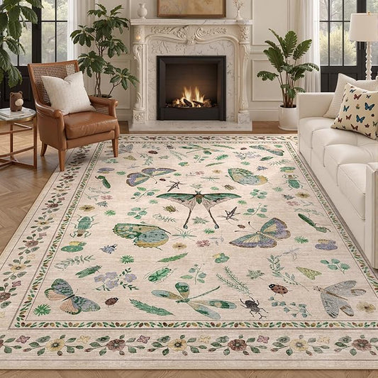 8x10 Area Rugs with Insect Print - Bug Rug Non-Shedding Stain Resistant Soft Carpet for Bedroom, Low Pile Ultra-Thin Machine Washable Carpet for Dining Room, Kids Nursery, Office (8'x10' Beige)-CubbioJoy