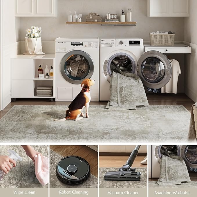 jinchan Washable Area Rug 8x10 for Living Room - Soft Faux Wool Ultra-Thin Stain Resistant Non-Slip Distressed Vintage Floral Large Carpet for Bedroom,Dining Room,Home Office,Nursery(Brown, 8'x10')-CubbioJoy