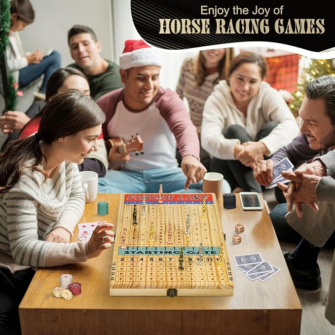 21 Inches Horse Racing Game, Horse Race Board Games with 11 Luxury Metal Horses,Thickened Wood Chessboard,Chips,Cards and Dice,Classic Wooden Table Top Board Games for Adults and Family-CubbioJoy