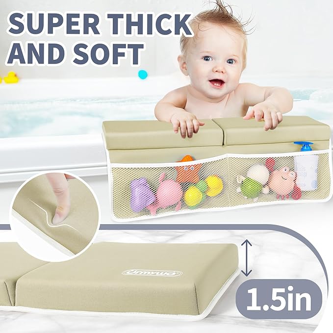 URMYWO Bath Kneeler and Elbow Rest Pad Set - 1.5" Thick Baby Bath Kneeler Pads with Toys Organizer, Anti-Slip Cozy Knee & Arm Support Bathtub Mat, Quick Dry Kneeling Pad for Baby Bath Time-CubbioJoy