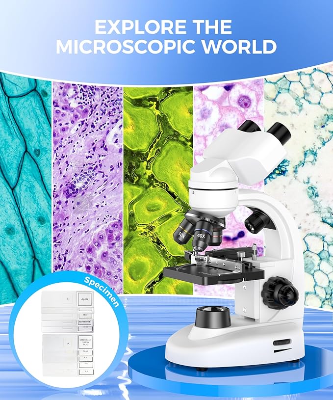 Compound Binocular Microscope for Kids & Students, 40X-2000X Magnification, Microscope Kit with Slides & Specimens, Lab Equipment for School Biology Class & Home Science Experiments-CubbioJoy
