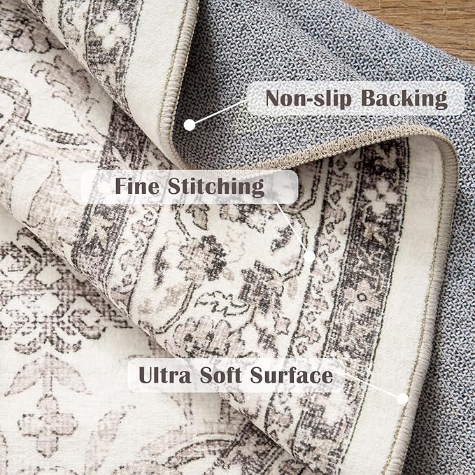 jinchan Round Rug 6ft Washable Circle Soft Rug - Low Pile Vintage 6'Round Indoor Beige Floral Print Stain Resistant Boho Carpet Ultra-Thin Non-Slip for Living Room Nursery Bedroom Dining Room Kitchen-CubbioJoy