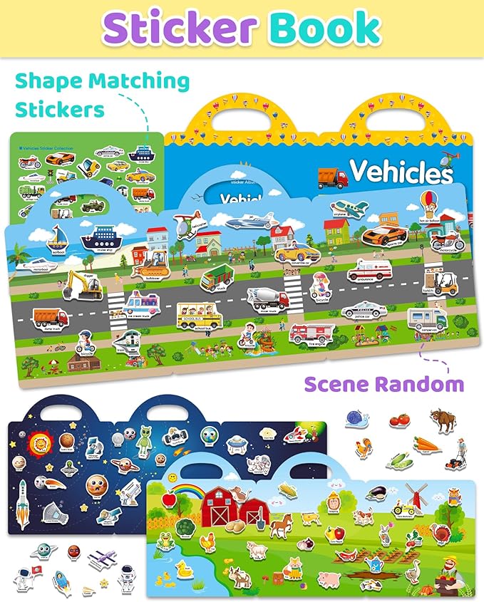 Benresive Reusable Sticker Books for Kids 2-4, Sticker Books for Toddlers 1-3 2-4, Toddler Travel Toys Activities Crafts Gifts - Farm, Space and Vehicle-CubbioJoy