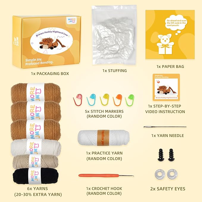 Crochet Kit for Beginners, Learn to Crochet, Include Easy Knitting Soft Yarn, Step-by-Step Video Tutorial, Hook, Holiday Birthday Gift for Adults and Kids(Highland Cow)-CubbioJoy