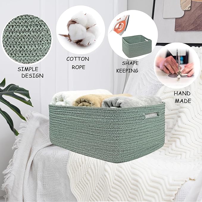 COMFY-HOMI Cotton Rope Woven Basket with Handles for Shelves,Toys,Book, Cloth Storage Baskets for Organizing-17" x 13" x 7.5" Toy Decorative Organizer for Living Room, Bathroom （Green）-CubbioJoy